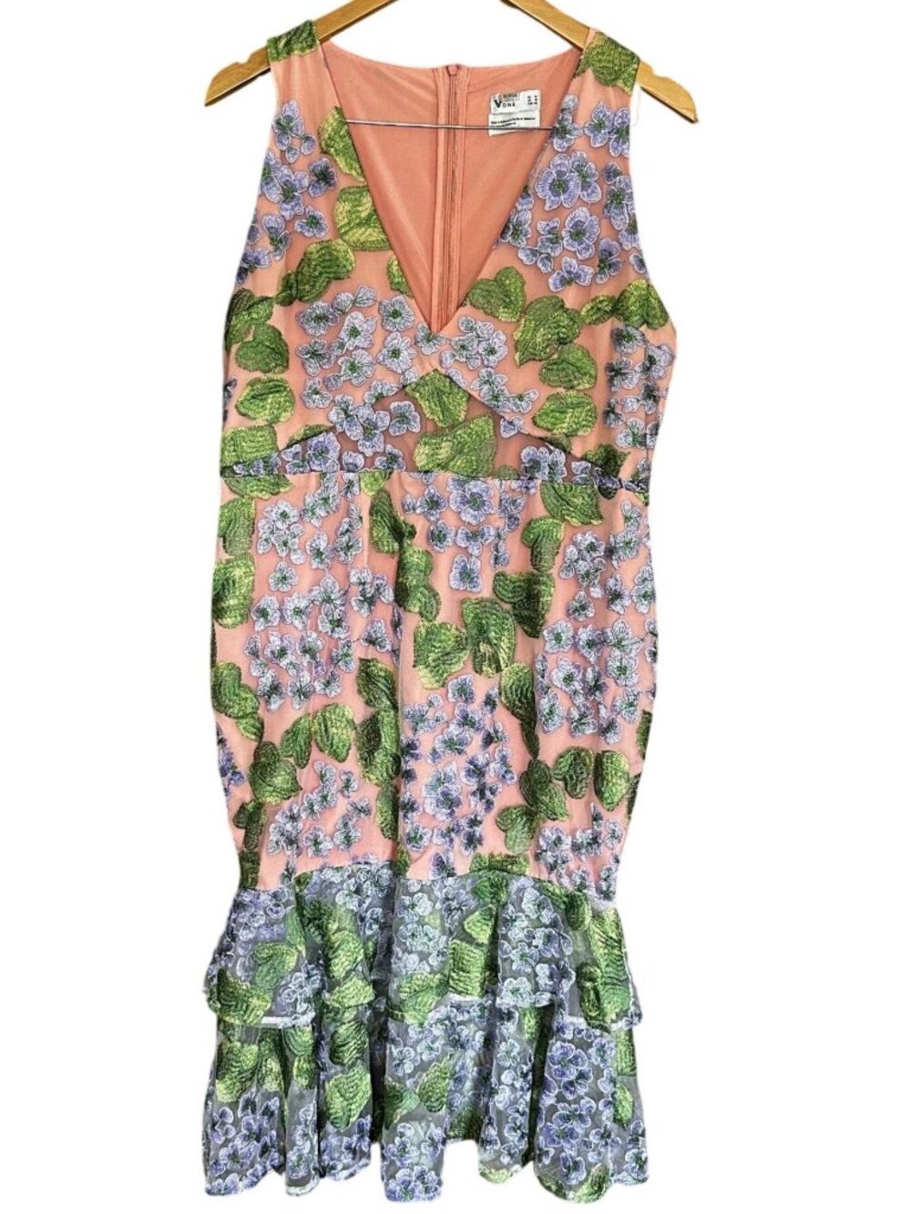VONE Kirana Dress Sz 16 Pink Peach 3D Floral Lace Wedding Guest Midi Cocktail